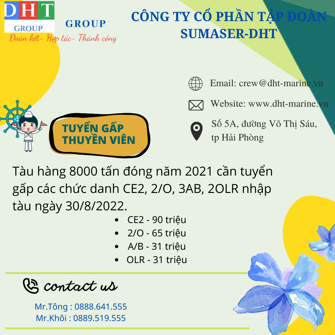 Tuyển gấp thuyền viên cho tàu hàng 8000 tấn đóng năm 2021 nhập tàu ngày 30/08/2022