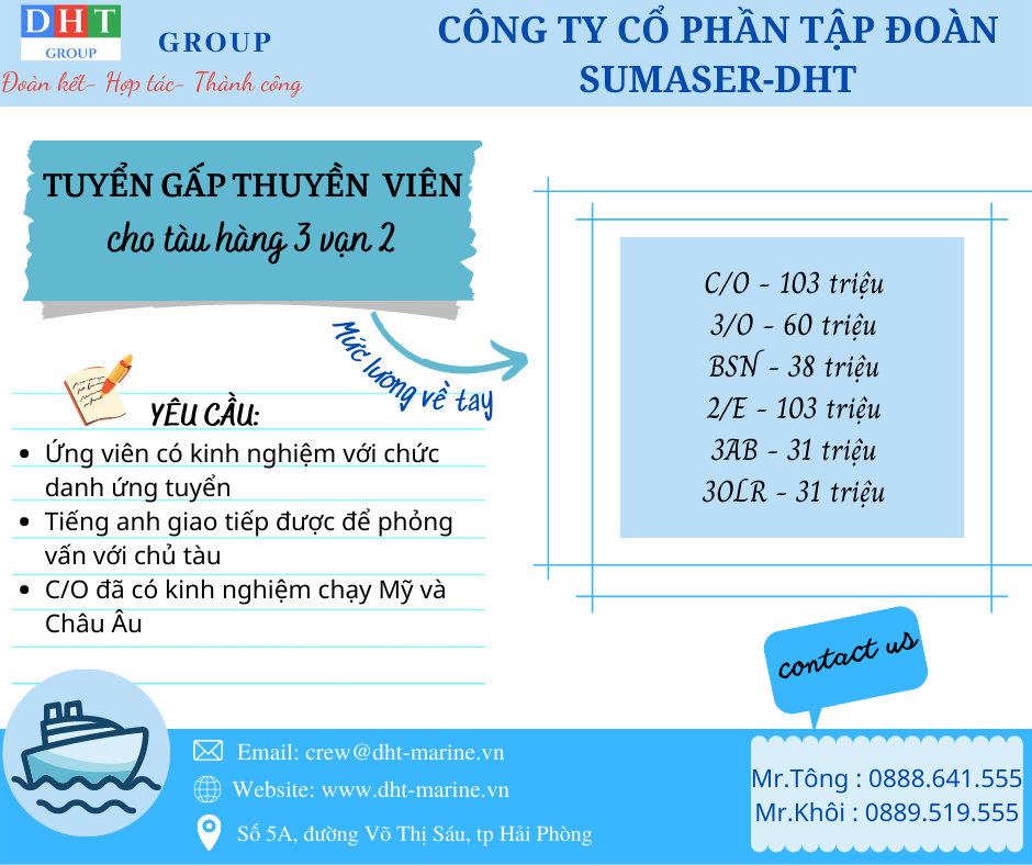 Tuyển gấp thuyền viên cho tàu hàng 3 vạn 2 nhập tàu đầu tháng 8 