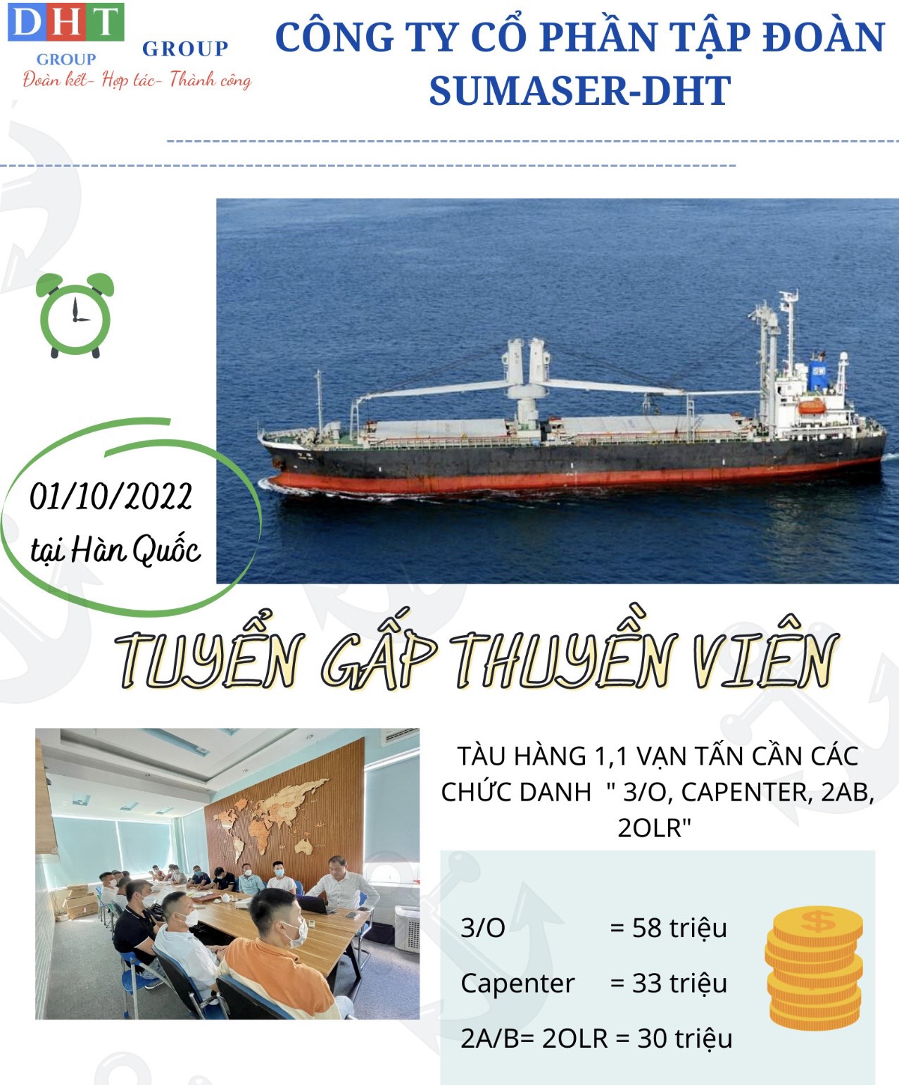Tàu hàng 1,1 vạn tấn đóng năm 2010 cần bổ sung gấp thuyền viên nhập tàu ngày 01/10/2022 tại Hàn Quốc.