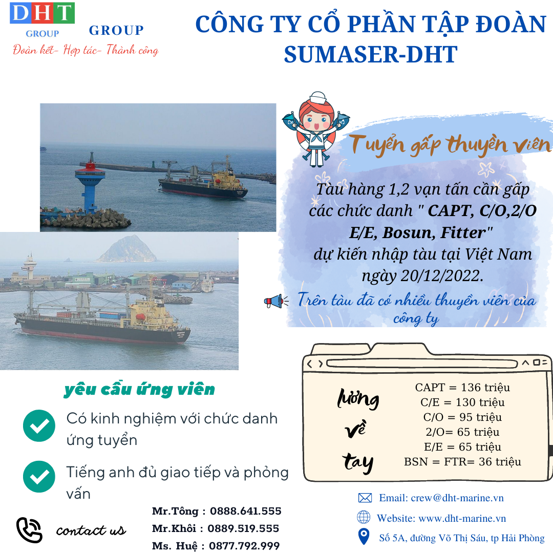 Tàu hàng 1,2 vạn tấn  cần bổ sung gấp thuyền viên nhập tàu ngày 20/12/2022 tại Việt Nam.